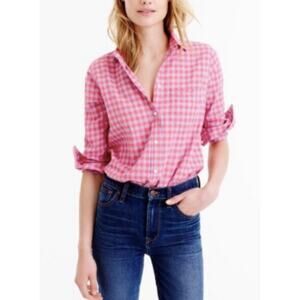 J. Crew Crinkle Gingham Pink Purple Button Up Boy Cut Shirt‎ Size 2